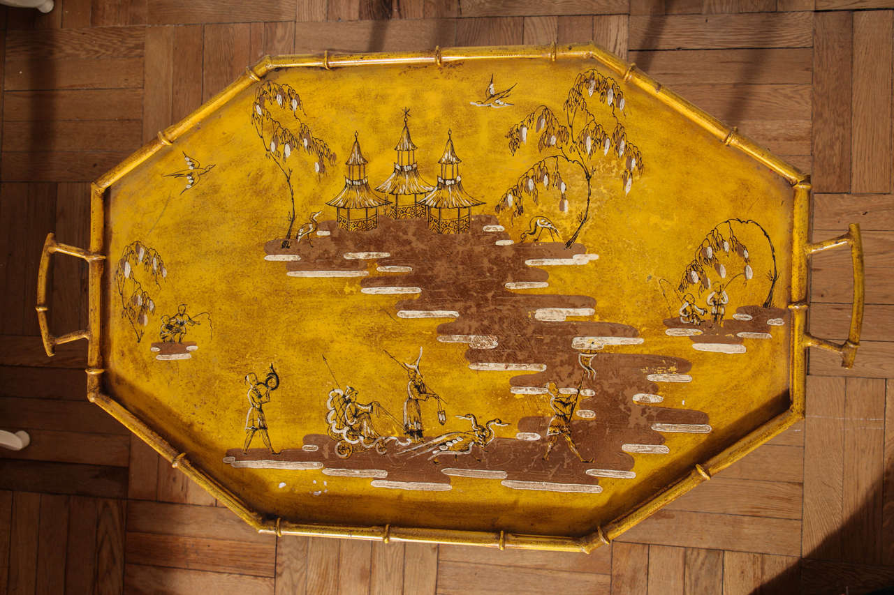 Hand-Painted A Charming Painted Toile Tray on Metal Faux Bamboo Stand, c. 1940's