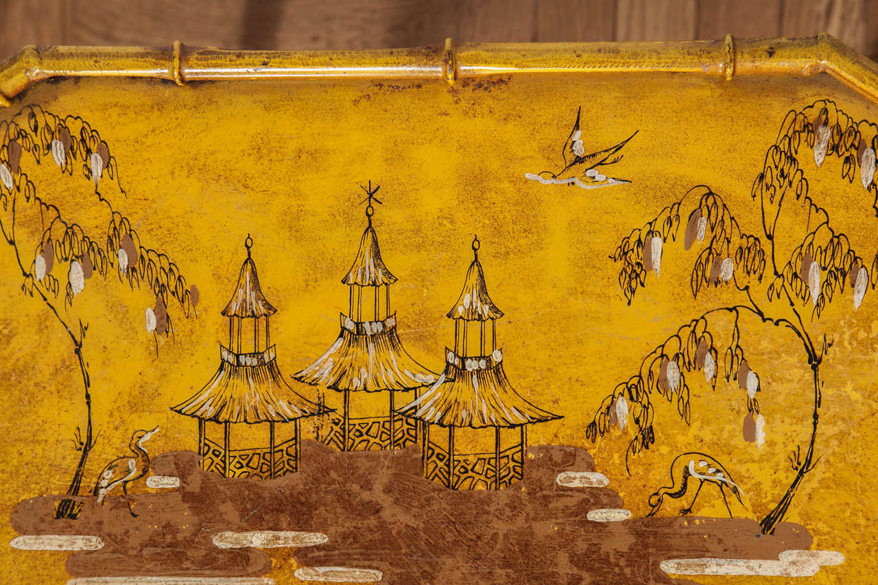 A Charming Painted Toile Tray on Metal Faux Bamboo Stand, c. 1940's In Good Condition In New York, NY