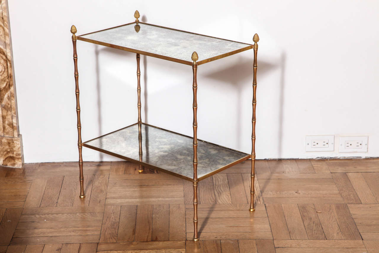 French Gilt Brass Faux Bamboo Etagere Table with Mirrored Glass, France circa 1950 For Sale