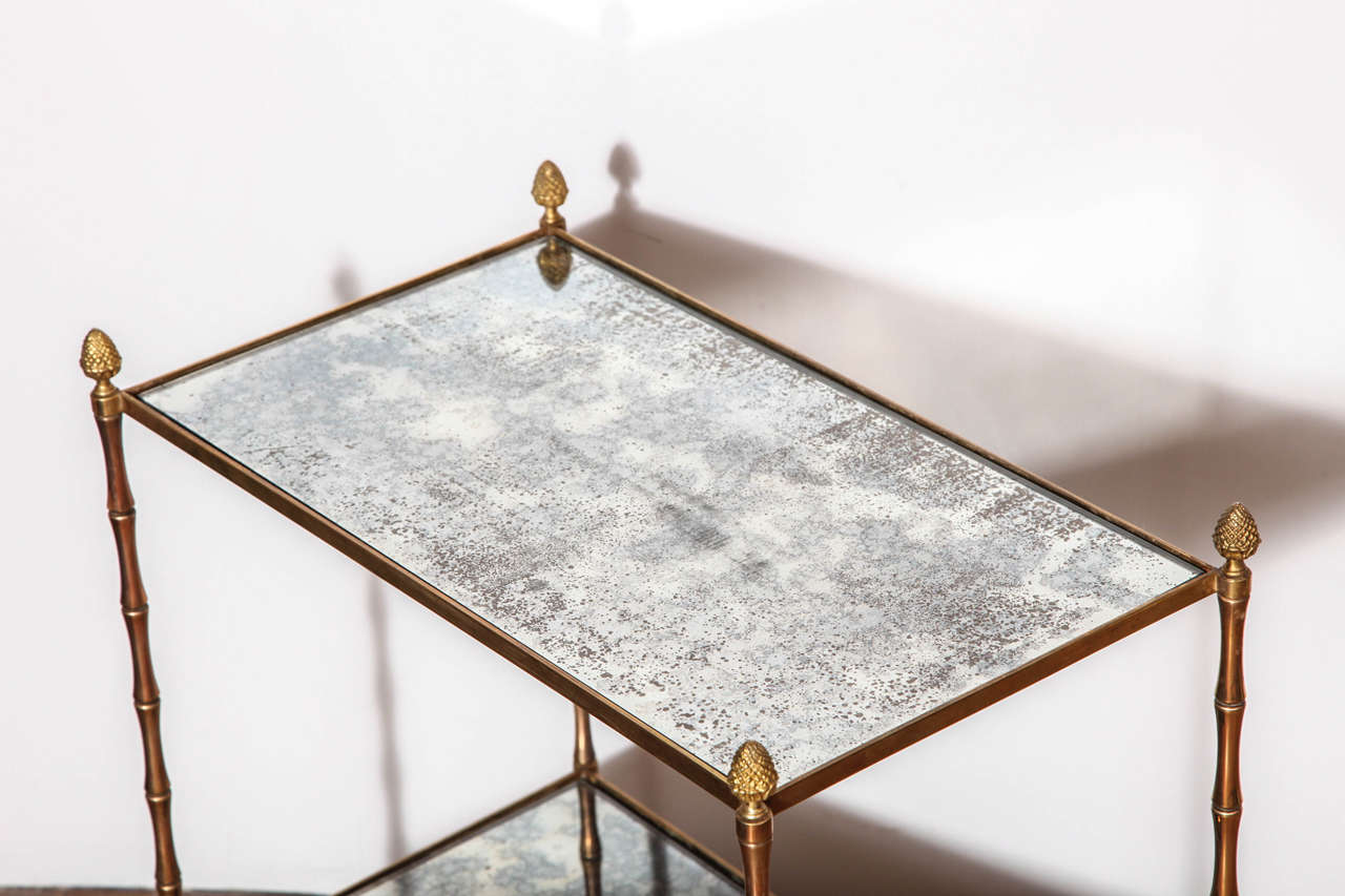 Mid-20th Century Gilt Brass Faux Bamboo Etagere Table with Mirrored Glass, France circa 1950 For Sale