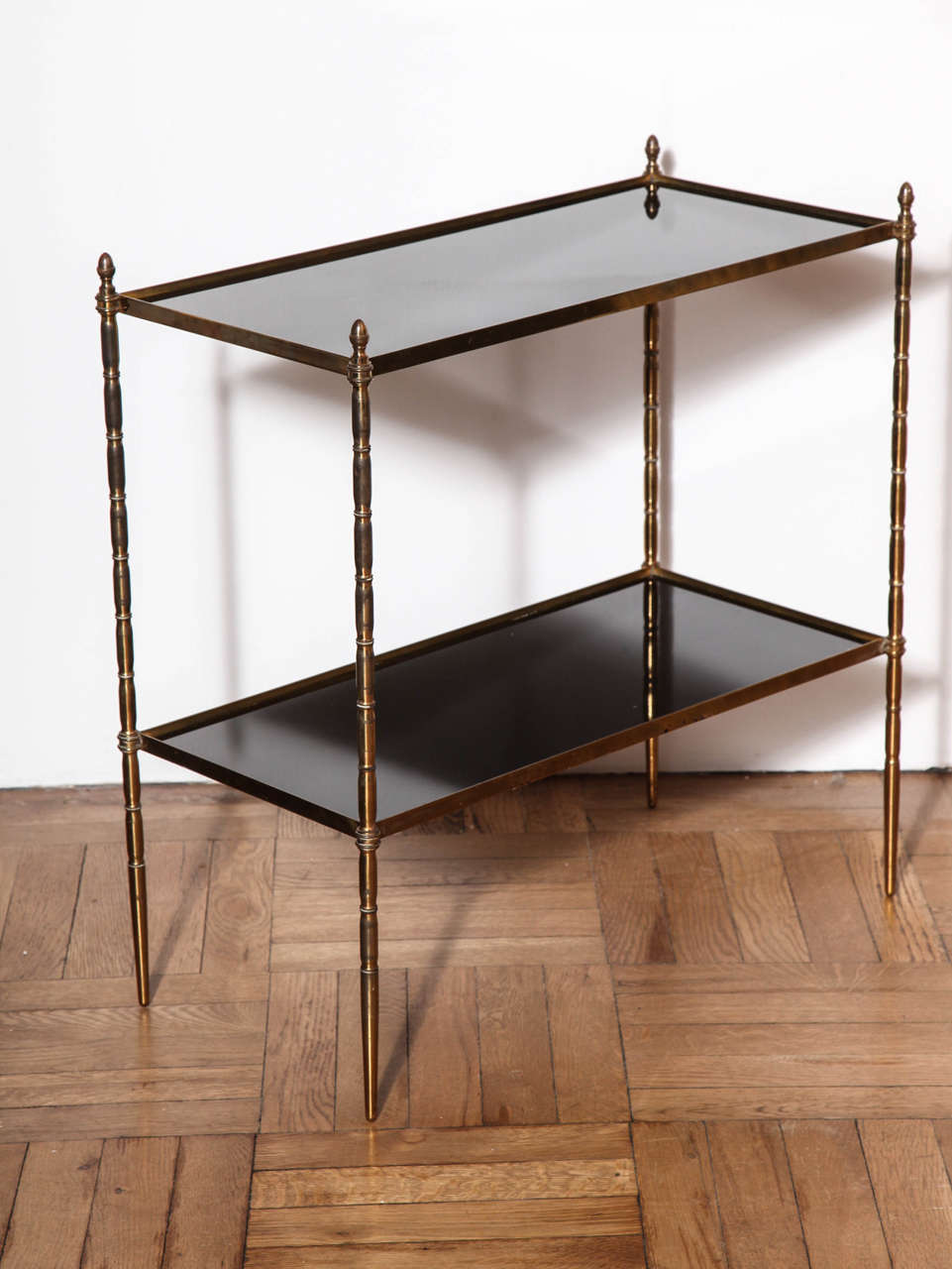 French Pair of Gilt Brass Faux Bamboo, Two-Tier Etagere Tables, France, circa 1950 For Sale