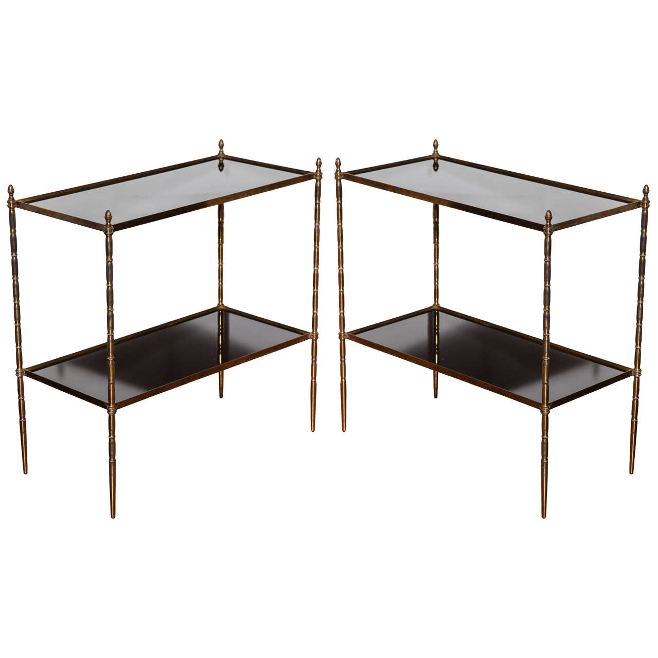 Pair of Gilt Brass Faux Bamboo, Two-Tier Etagere Tables, France, circa 1950 For Sale