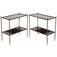 Pair of Gilt Brass Faux Bamboo, Two-Tier Etagere Tables, France, circa 1950