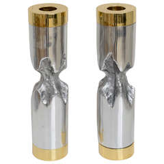 Pair of Brutalist Style Aluminum and Brass Candleholders