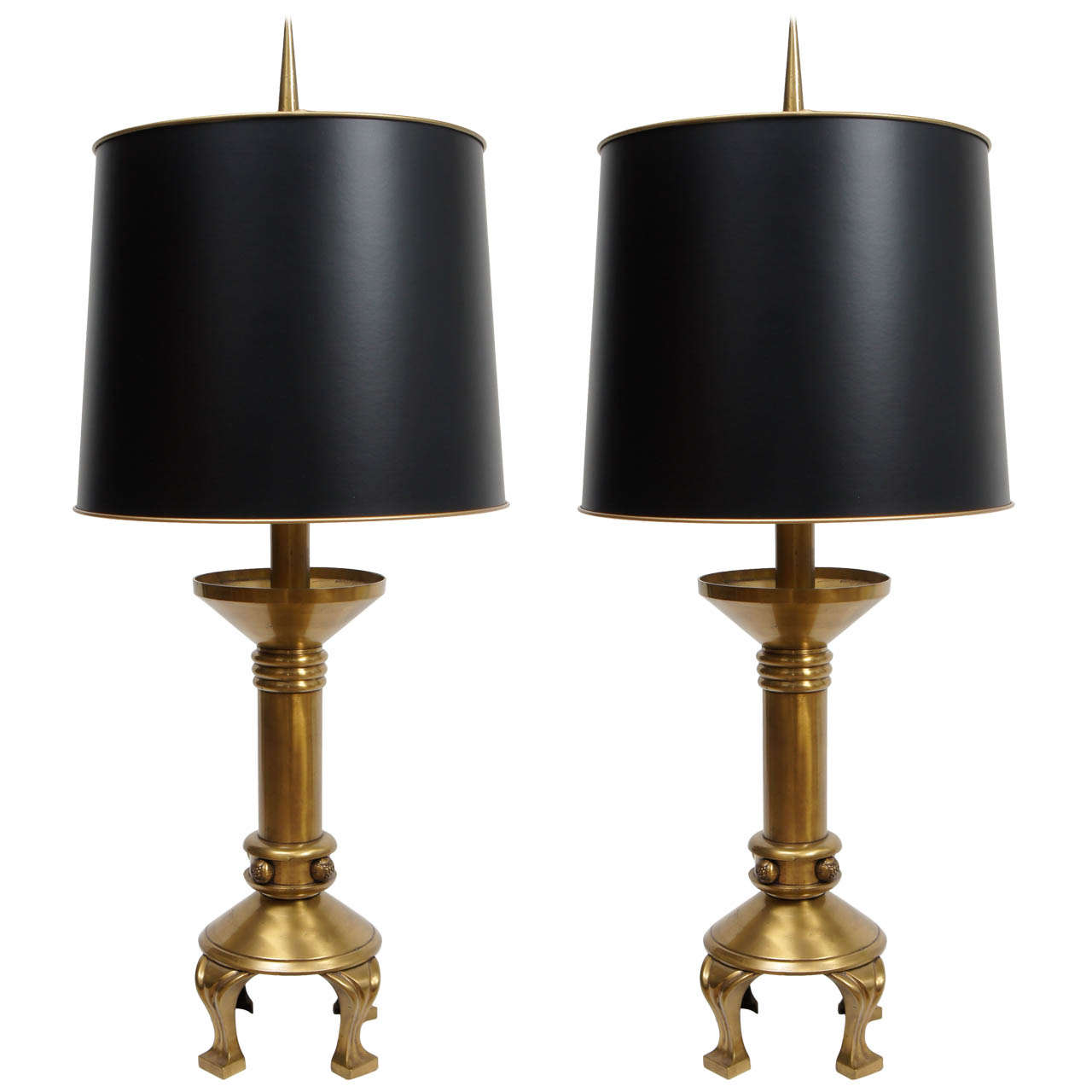 Pair of Mid-Century Brass Lamps, Original Finials