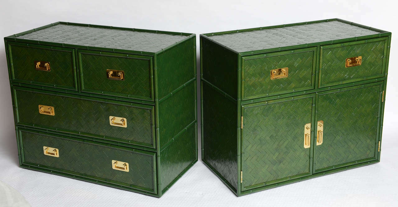 Pair of Vibrant Jade Green Banana Leaf & Bamboo Cabinets