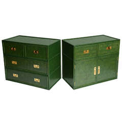 Pair of Vibrant Jade Green Banana Leaf & Bamboo Cabinets