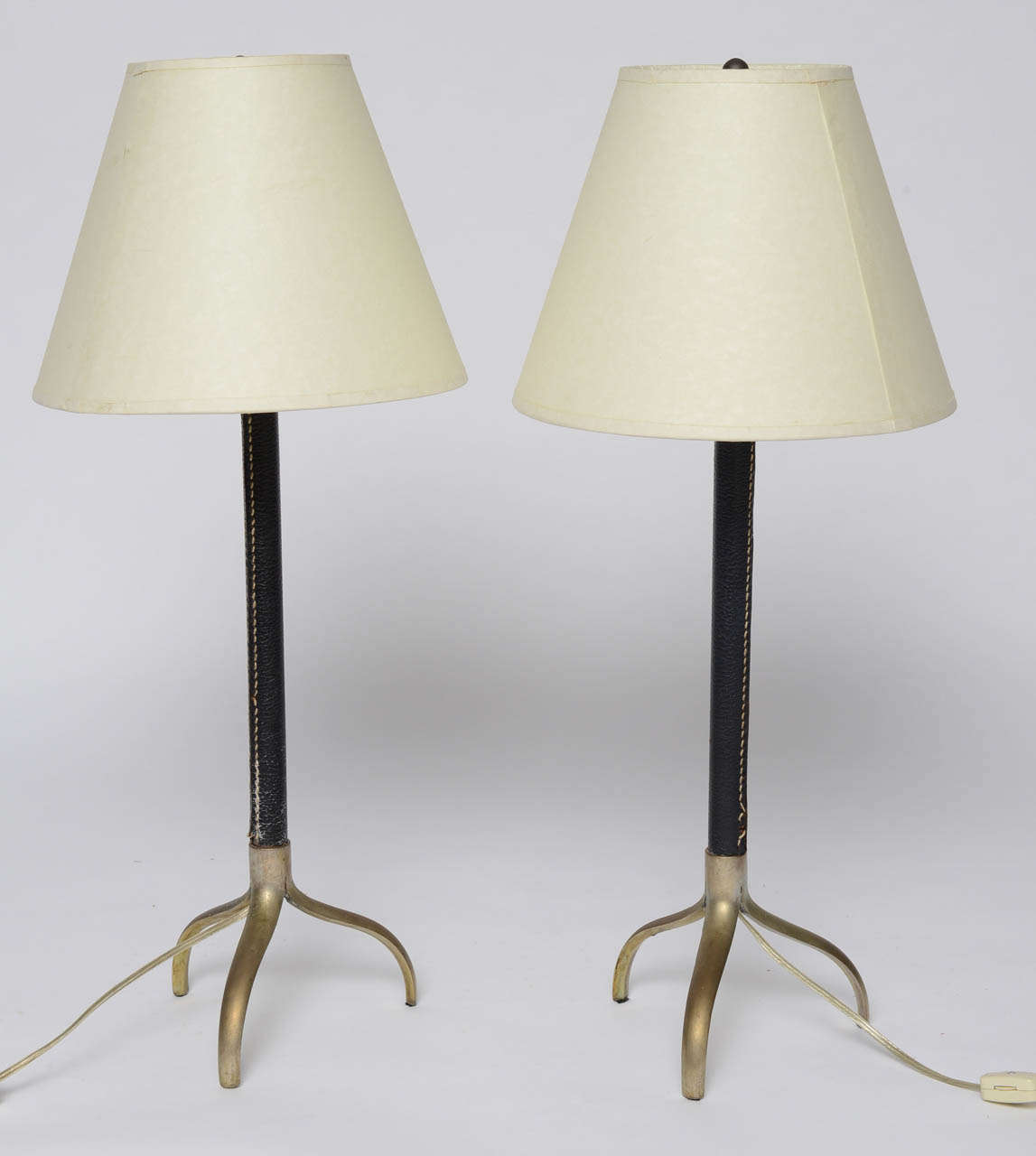 Mid-20th Century Pair of Stitched Leather Adnet Lamps