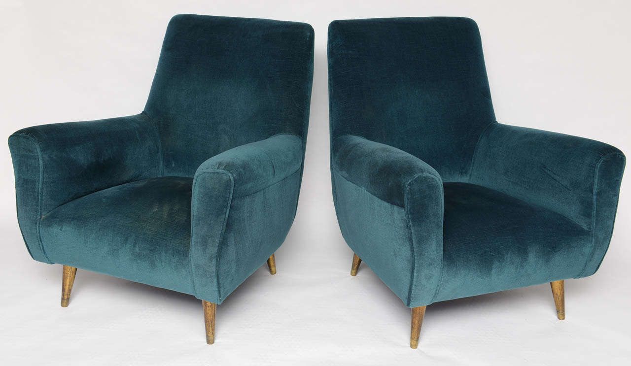 Pair of Vintage Teal Velvet Italian Armchairs In Excellent Condition For Sale In Miami, FL