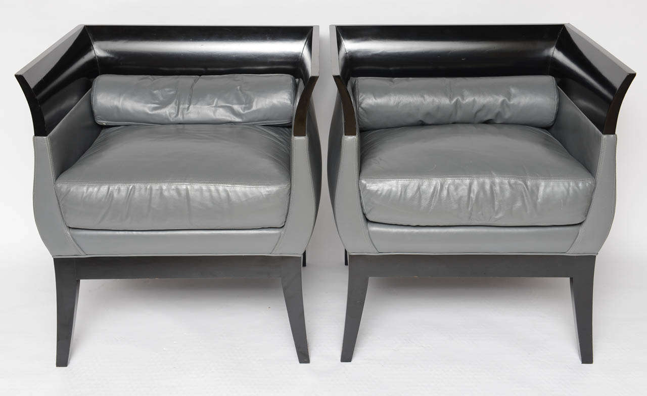 All original, these chairs are by award-winning designer Diaz-Azcuy. Great soft grey leather black lacquered curved frame. Very comfortable and solid.

Note: Matching settee is also available. Please contact us for more information.

Seat height