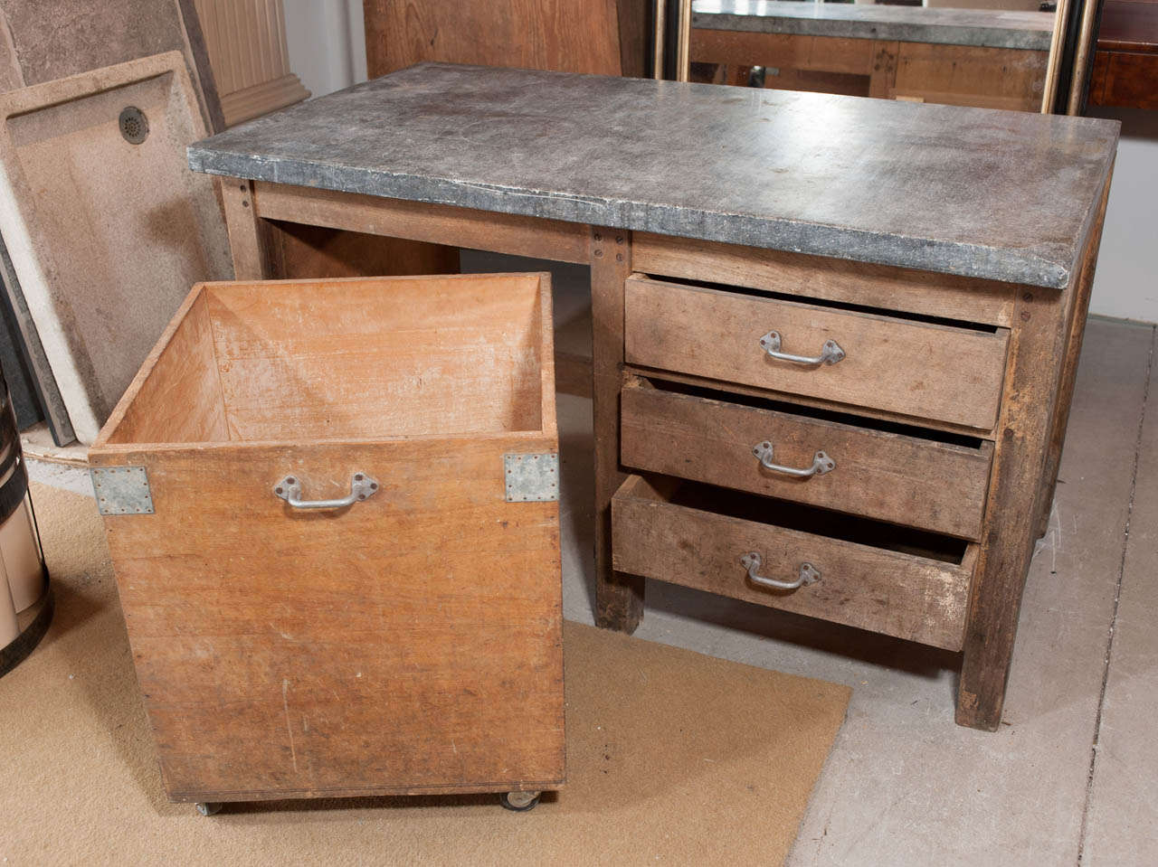 20th  Century Wooden Bakers Counter with Antique Belgium Bluestone
Rolling bin in sycamore and carcass in sycamore and elm