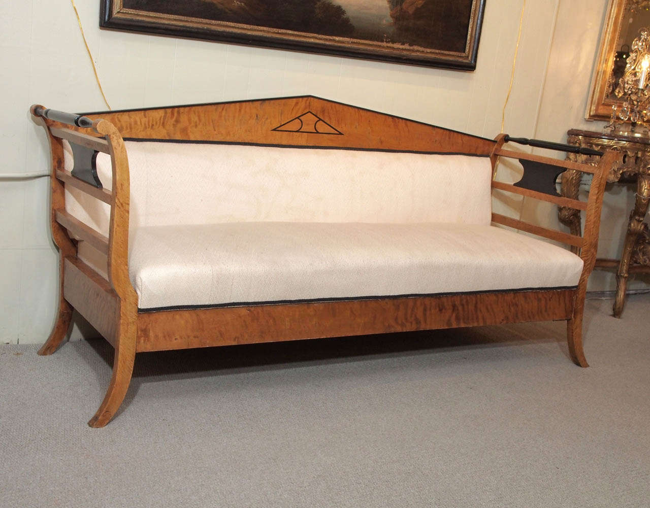 Antique Austrian Biedermeier satin birch and ebonised sofa.