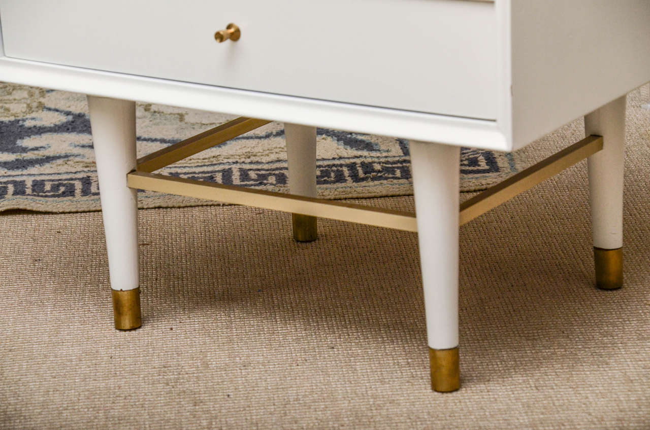 Mid-Century Modern Vintage White Lacquer One-Drawer Night Stand with Brass Trim