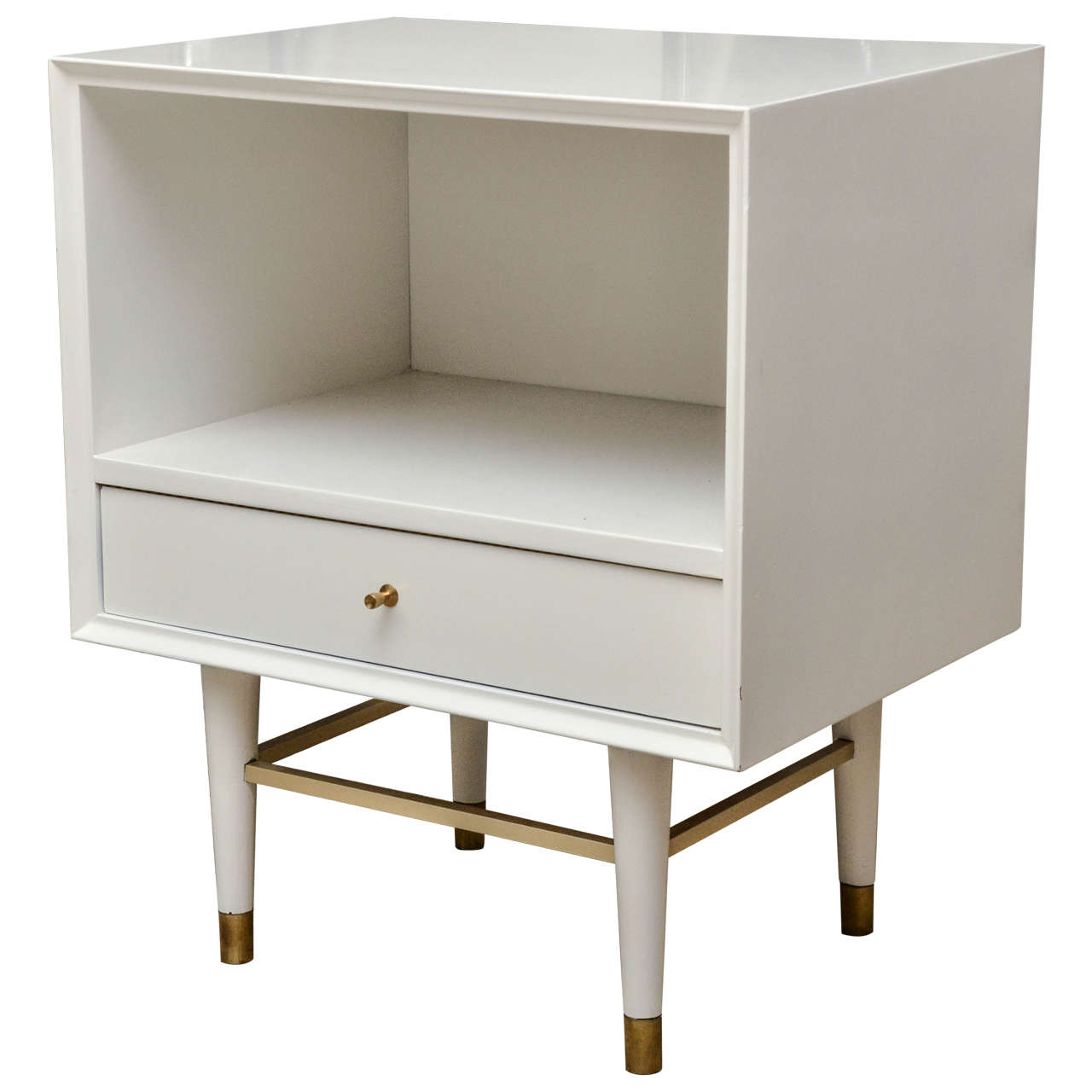Vintage White Lacquer One-Drawer Night Stand with Brass Trim