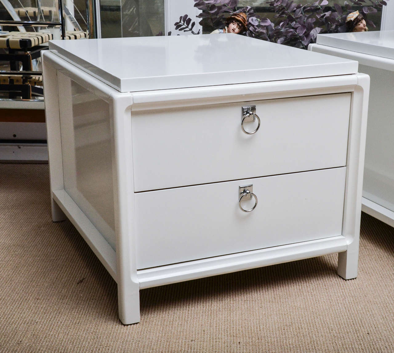 Pair of vintage white lacquer two-drawer nightstands with ring handles.