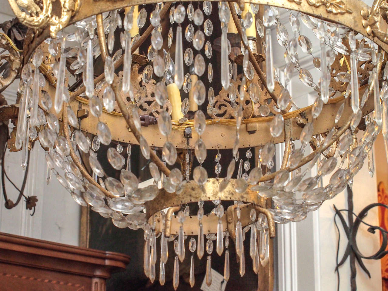 Italian Gilt Iron and Crystal Empire Style Chandelier 3