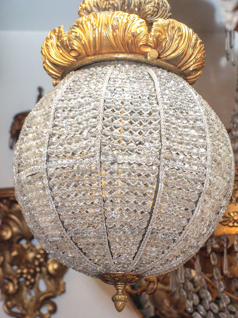 French Pair of Gilt Bronze and Crystal Bead Sphere Light Fixtures