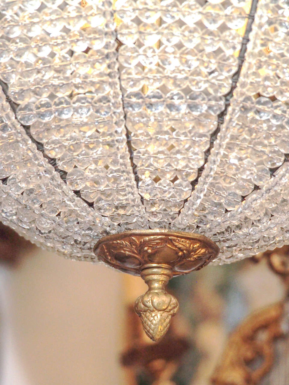 20th Century Pair of Gilt Bronze and Crystal Bead Sphere Light Fixtures