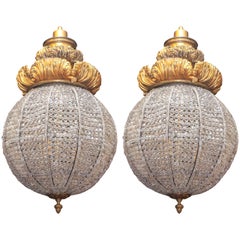 Pair of Gilt Bronze and Crystal Bead Sphere Light Fixtures