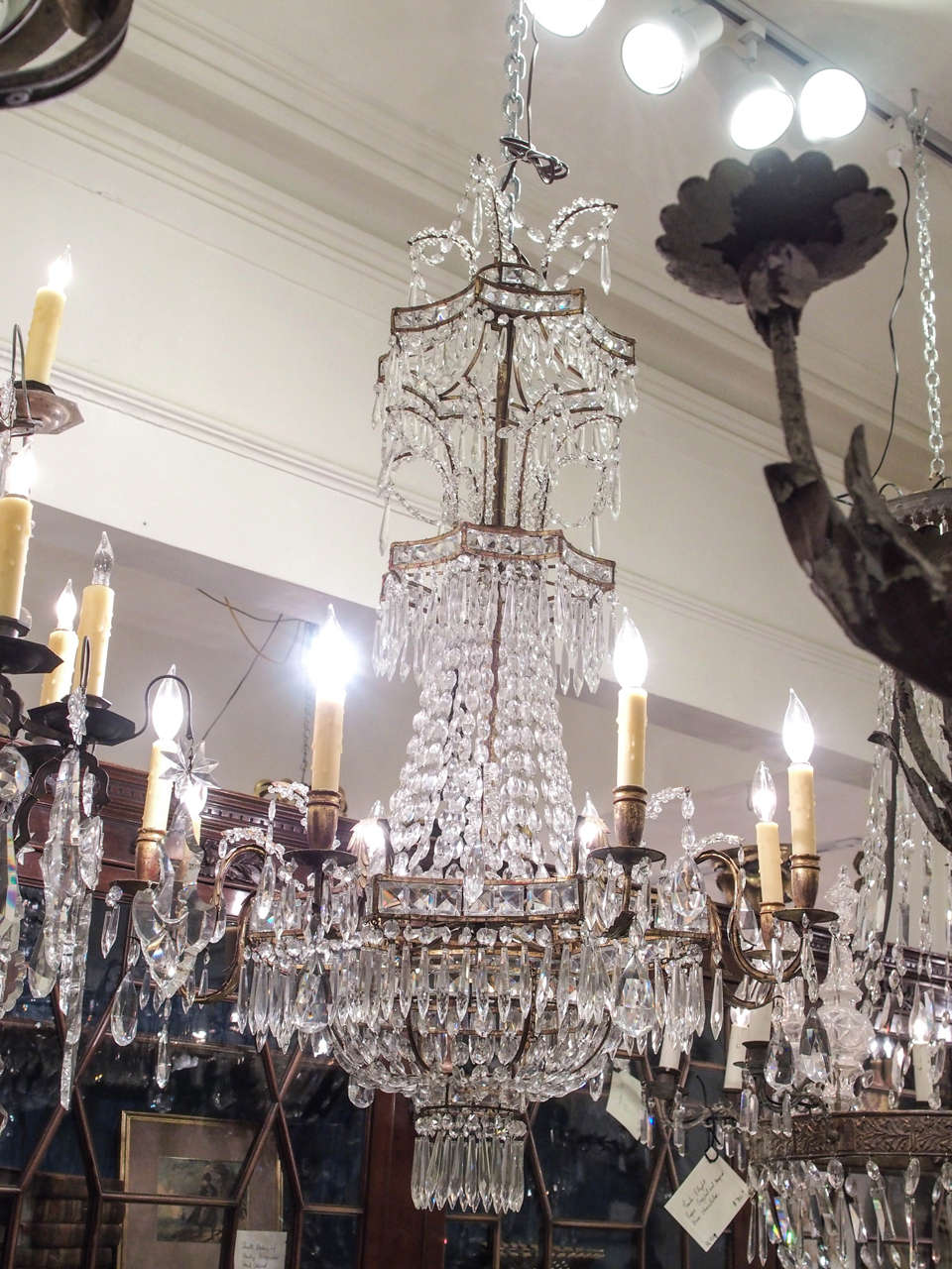 Italian 19th c. Gilt Metal and Crystal Pagoda inspired Eight Light Empire style chandelier.