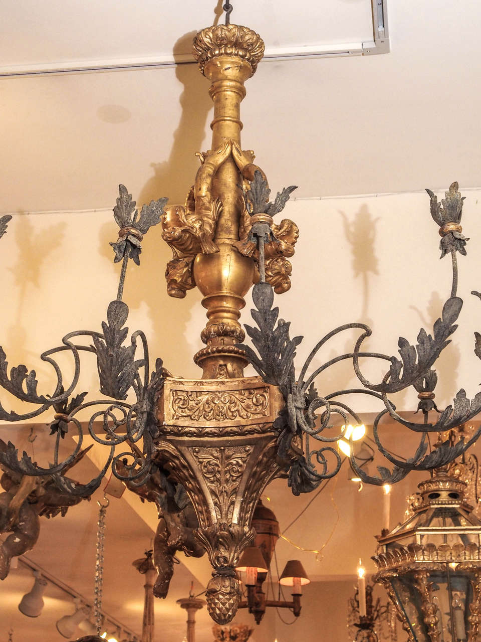 Monumental Italian Giltwood and Iron Chandelier In Good Condition In Natchez, MS