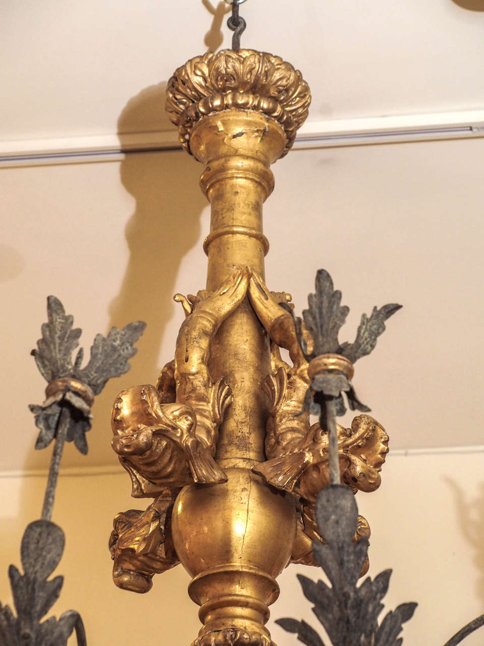 19th Century Monumental Italian Giltwood and Iron Chandelier