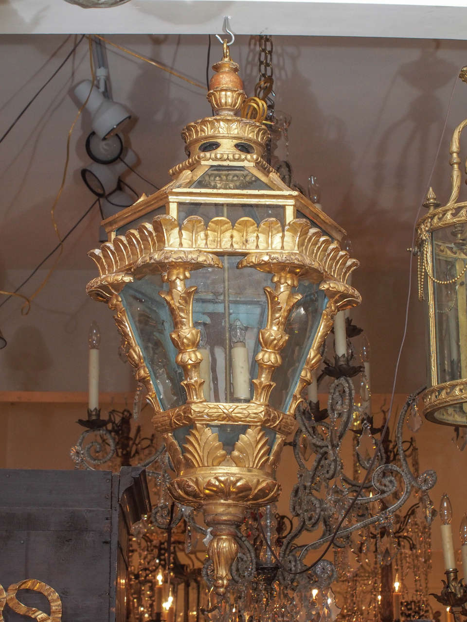 19th century giltwood and glass paneled Italian lantern. We re wired our fixtures and all come with canopy and chain. They are wired. We recommend that an electrician check them as wired can come loose during shipping.