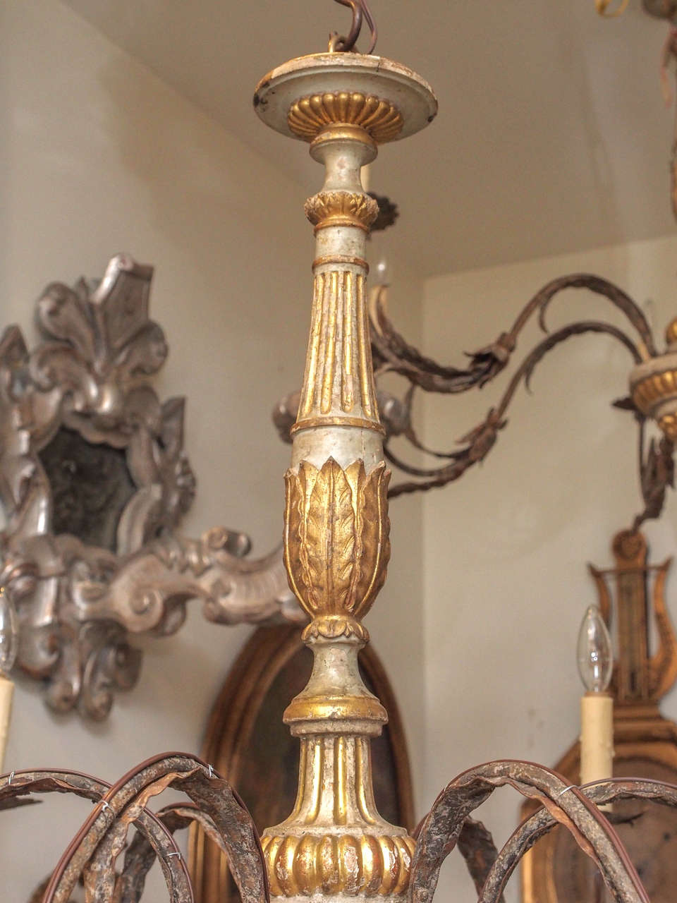 Italian Pair of 19th Century Tuscan Parcel-Gilt and Paint with Iron Chandeliers