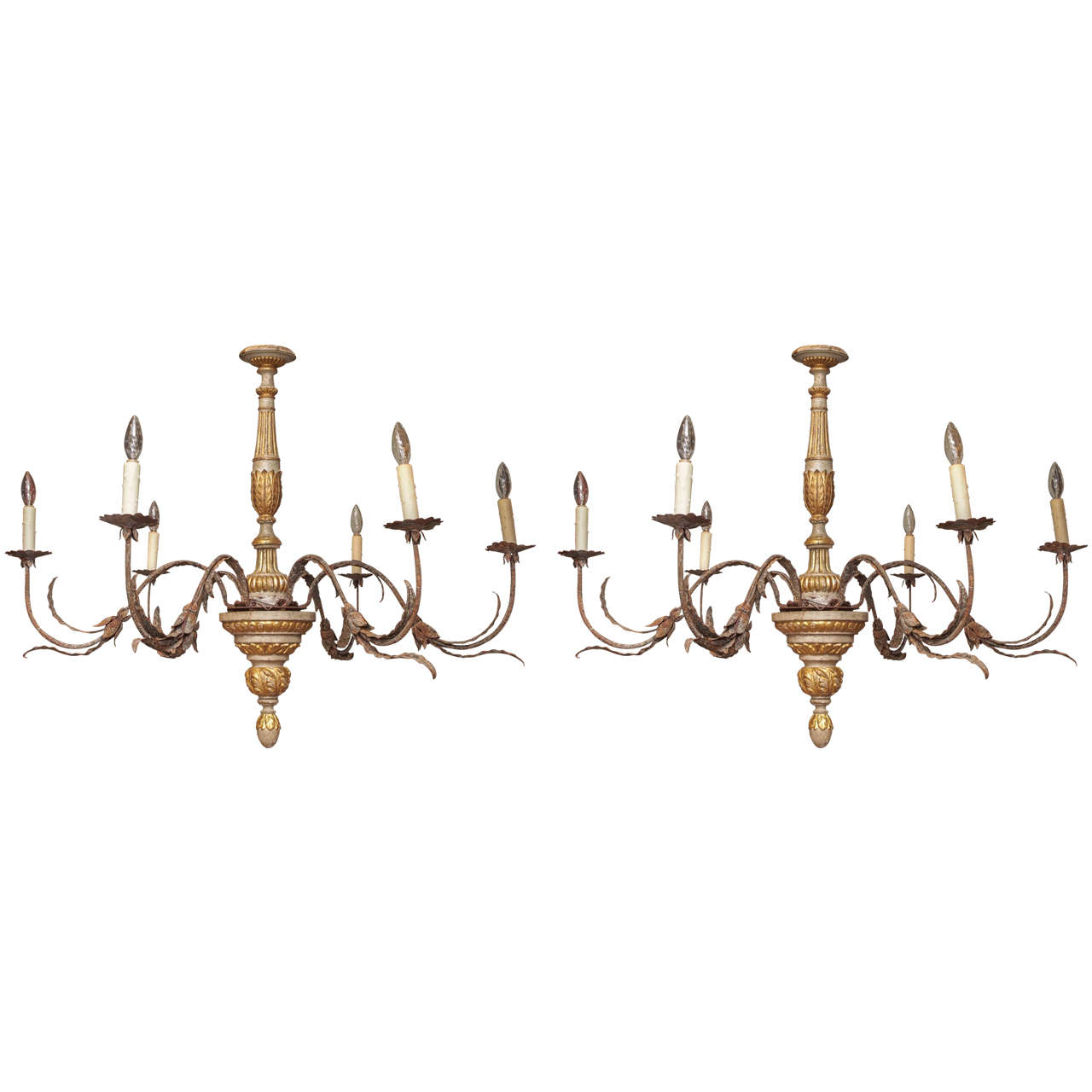 Pair of 19th Century Tuscan Parcel-Gilt and Paint with Iron Chandeliers