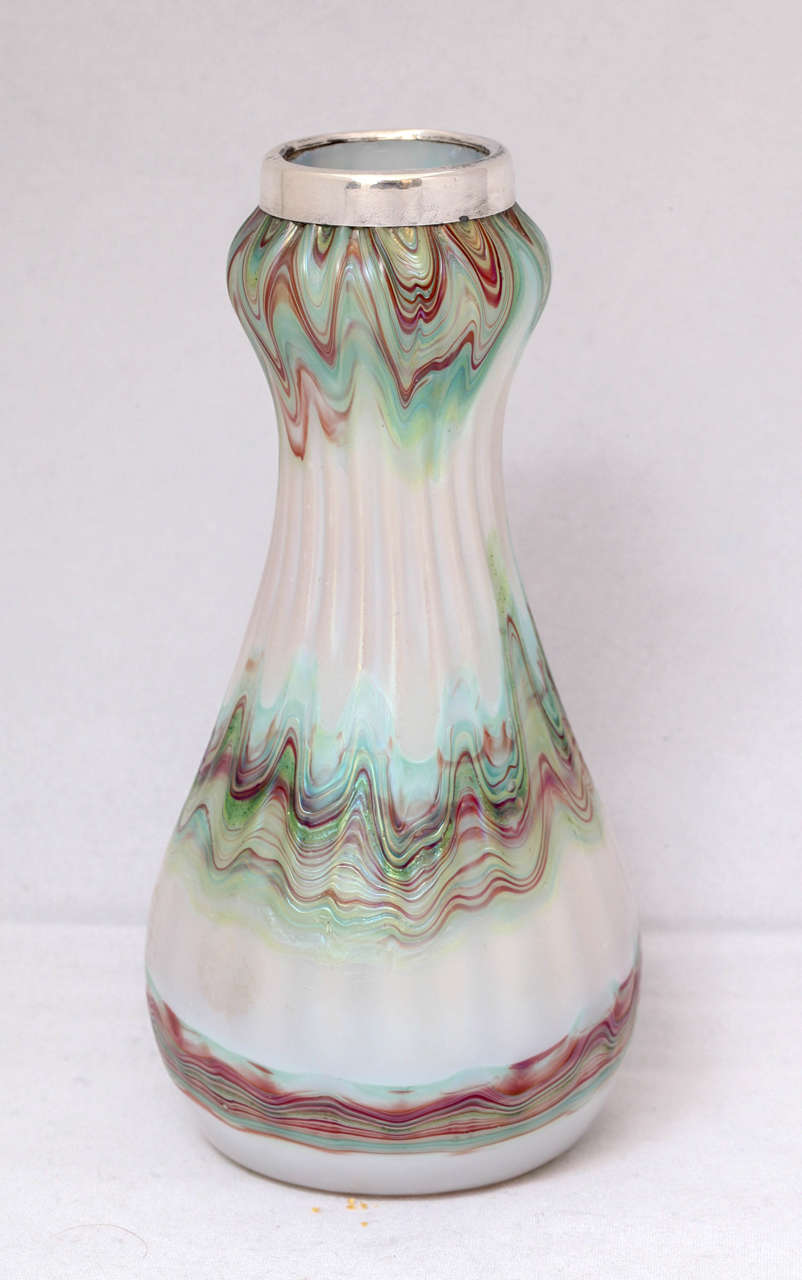 Edwardian, sterling silver mounted, iridescent, Art Glass vase, London, 1911. Over 5 1/4