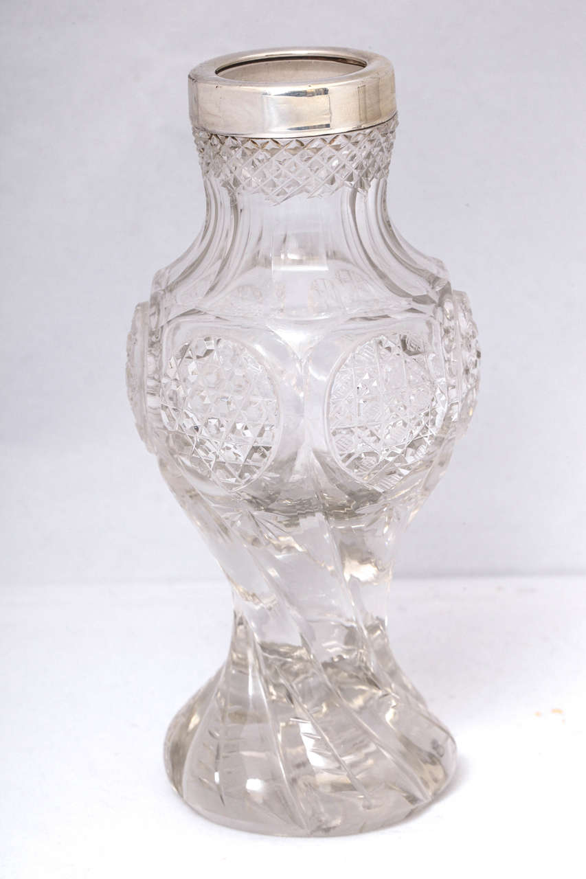 English Victorian Pair of Sterling Silver-Mounted Cut Crystal Vases For Sale