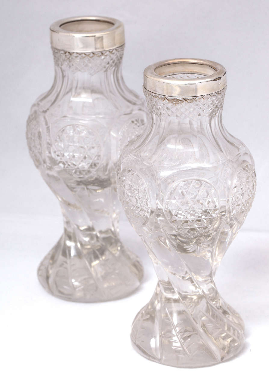Victorian Pair of Sterling Silver-Mounted Cut Crystal Vases For Sale 2