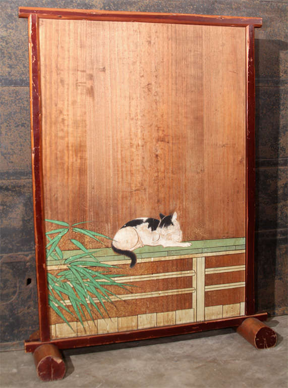 A fine Japanese tsuitate (standing screen) with sugi (cryptomeria) wood panel mounted in a wood lacquered wood frame with trestle supports. One of the oldest forms of screens in Japan, tsuitate functioned as room dividers, or in entryways to protect
