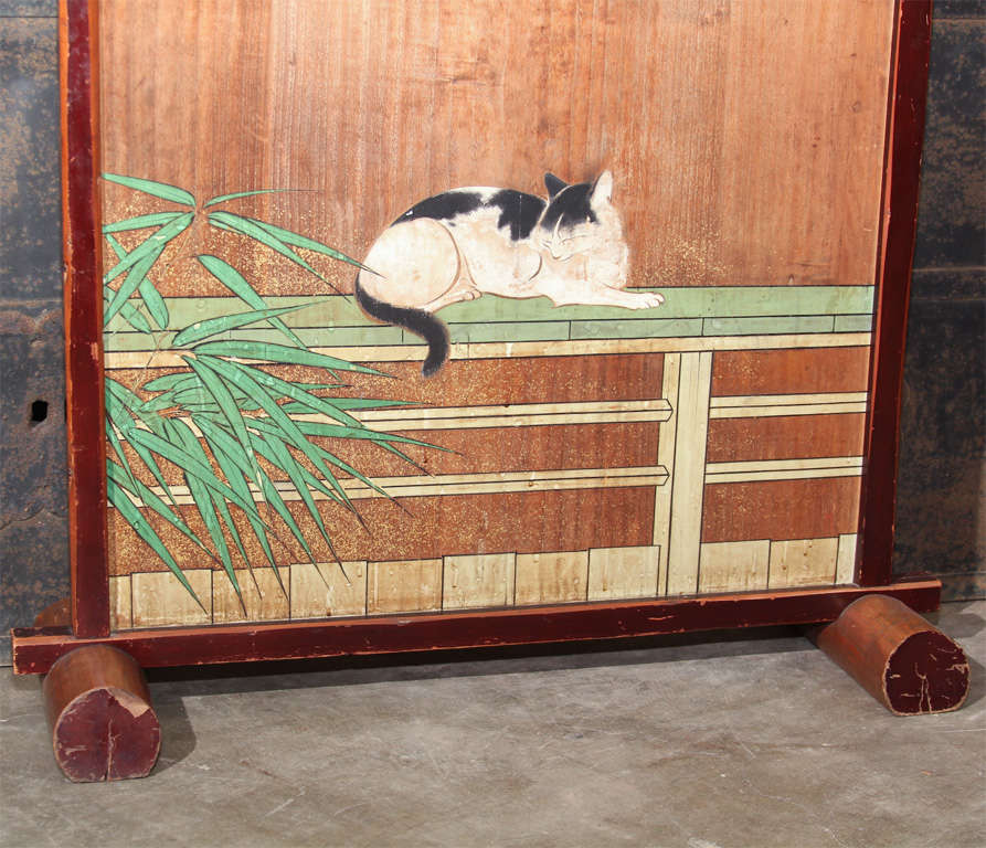 19th Century Japanese Painted Floor Screen with Cat & Sparrow For Sale