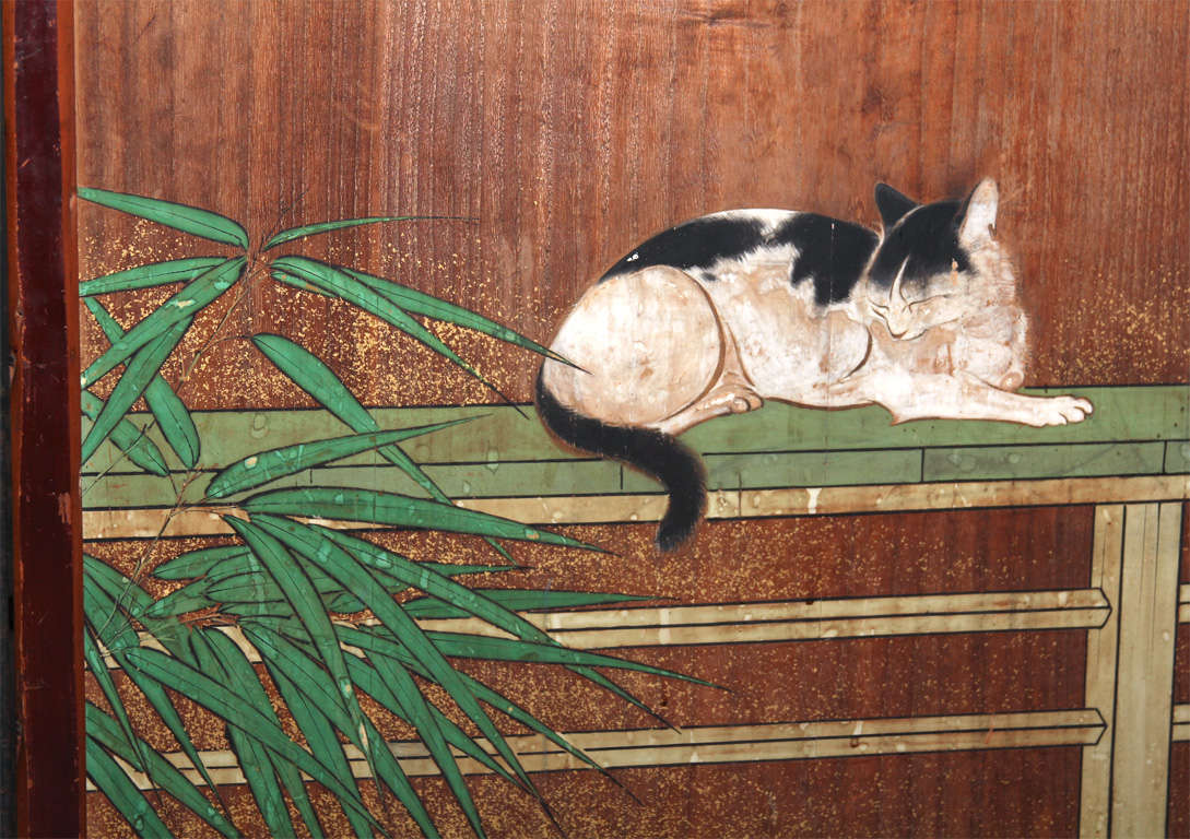Japanese Painted Floor Screen with Cat & Sparrow For Sale 1