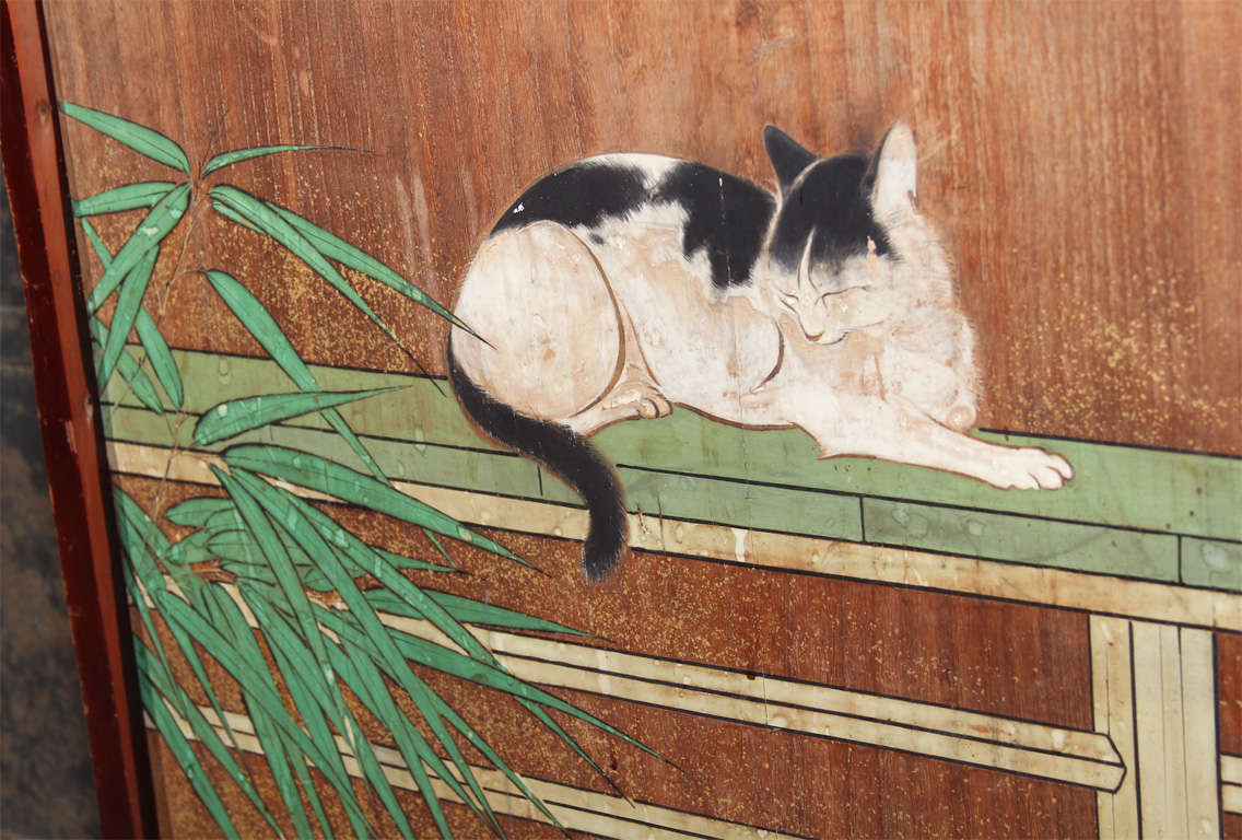 Japanese Painted Floor Screen with Cat & Sparrow For Sale 4