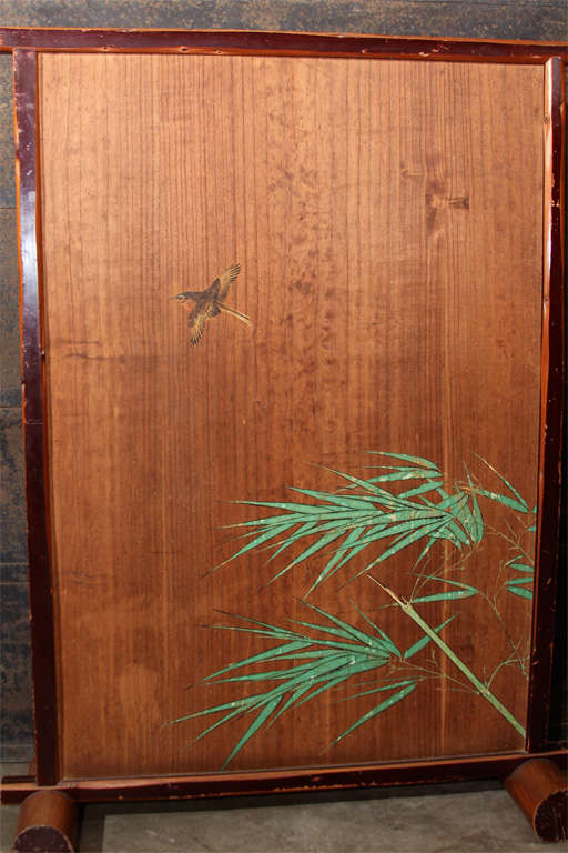 Japanese Painted Floor Screen with Cat & Sparrow For Sale 5
