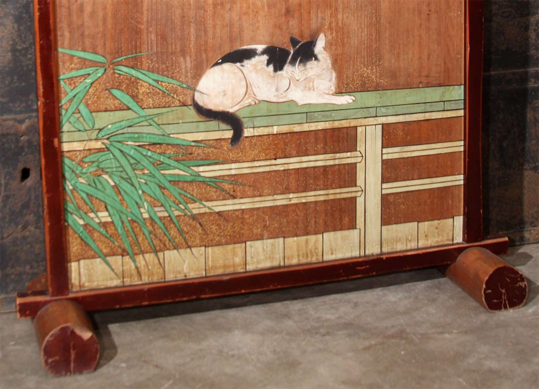 Japanese Painted Floor Screen with Cat & Sparrow For Sale 7