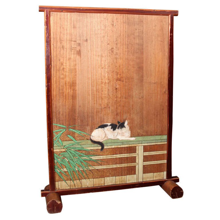 Japanese Painted Floor Screen with Cat & Sparrow For Sale