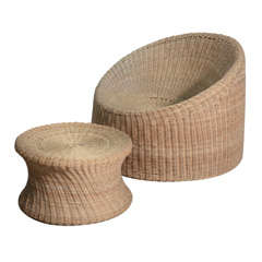 Mid-Century Rattan Round Chair & Ottoman