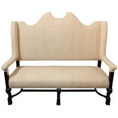 high back settee in french linen