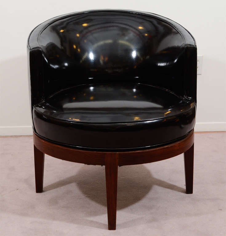 20th Century Mid Century Black Vinyl Swivel Tub Chairs after James Mont