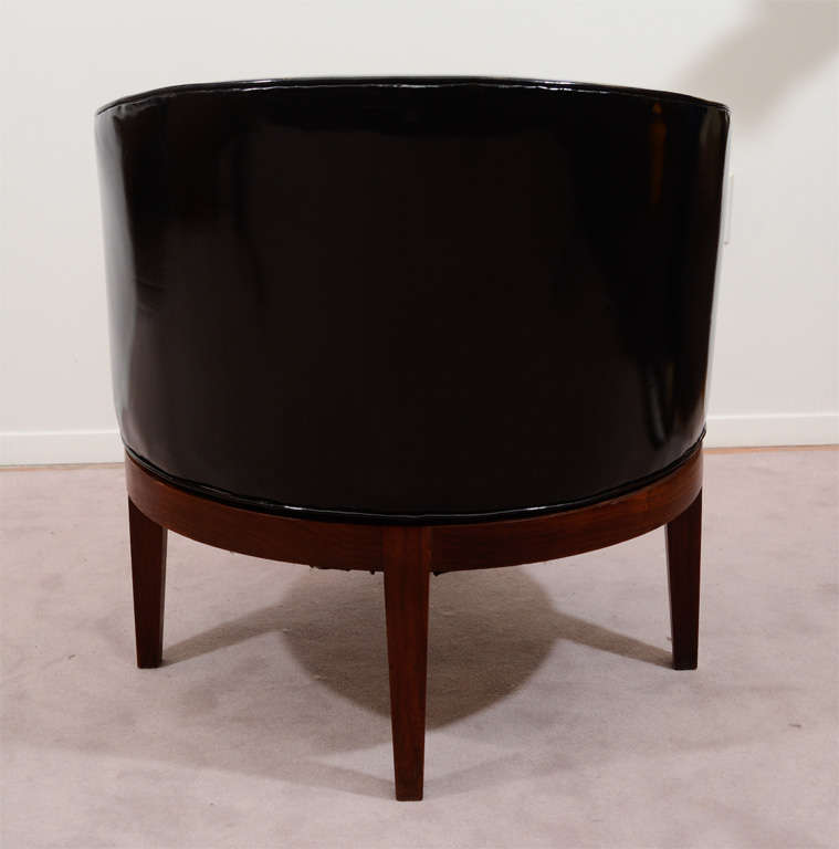 Mid Century Black Vinyl Swivel Tub Chairs after James Mont 1