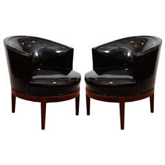 Mid Century Black Vinyl Swivel Tub Chairs after James Mont