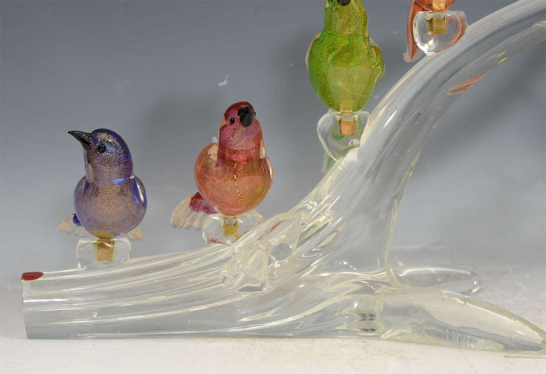 A vintage Murano glass sculpture of colorful birds perched on a clear tree branch. Each bird is removable.

Reduced from:  $3,750