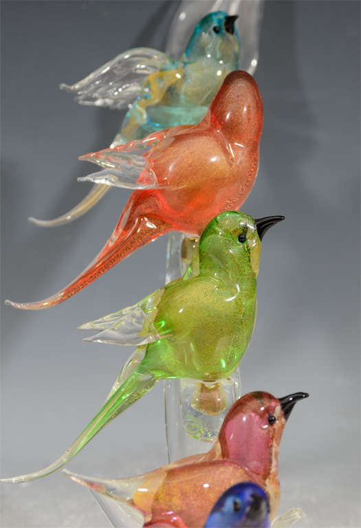 Italian Mid Century Murano Glass Birds on a Branch Sculpture