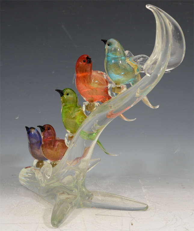 Mid Century Murano Glass Birds on a Branch Sculpture 1
