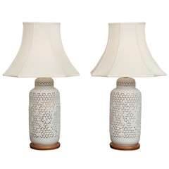 Pair of White Cherry Blossom Design Lamps, c.1960
