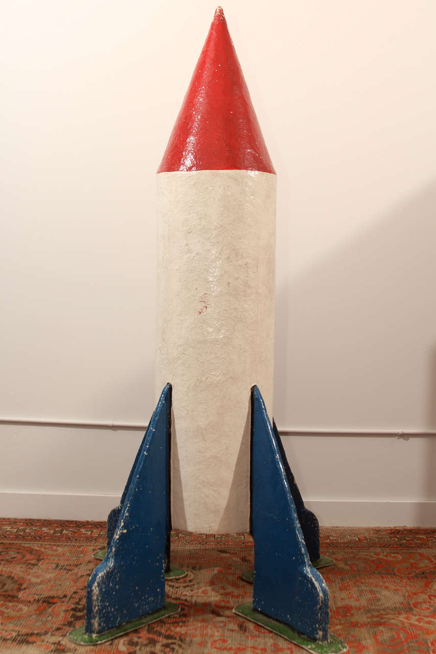 This putt-putt golf course obstacle in the shape of a rocket ship is  from the late 60's to early 1970s, an icon from the era of the Apollo program.    It came our way recently and we couldn't resist.  Rolled and cast resin make up the cylinder, the