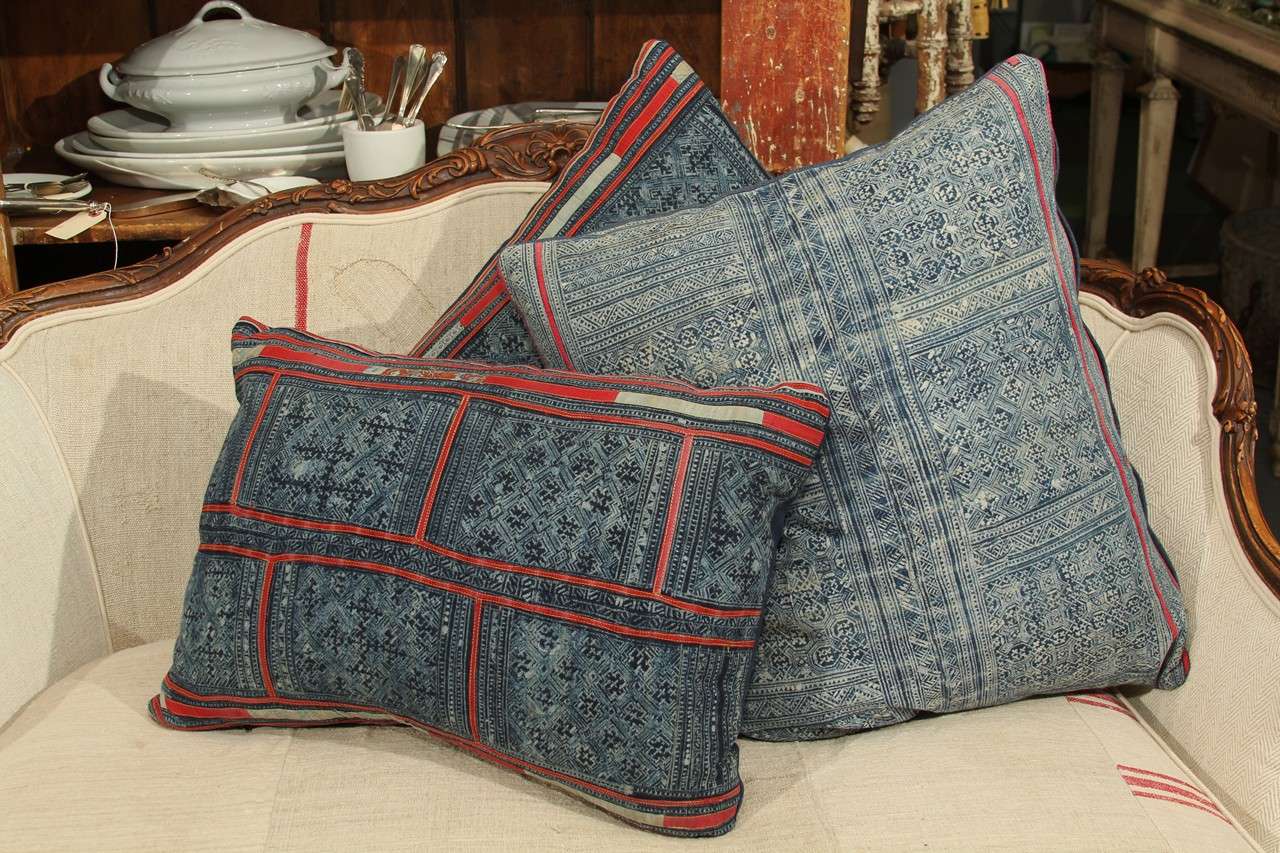 trio of 3 vintage Thai batik pillows.  Backed in blue linen, down /feather inserts, custom made in the USA 